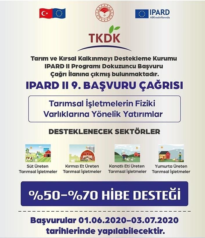 Tarım ve Kırsal Kalkınmayı Destekleme Kurumu 11 Mayıs 2020 tarihli IPARD II Programı Dokuzuncu Başvuru Çağrı İlanı